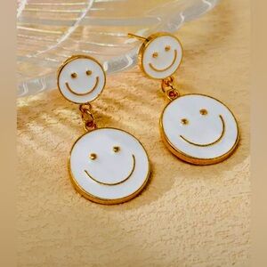 Chic Smiley Drop Earrings – White Enamel with Gold Large Gold Disk Trim